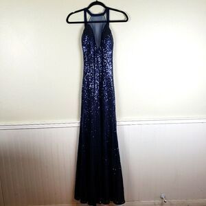 Women's Bicici & Coty Navy Blie Halter Sequin Formal Maxi Gown Dress Size XS